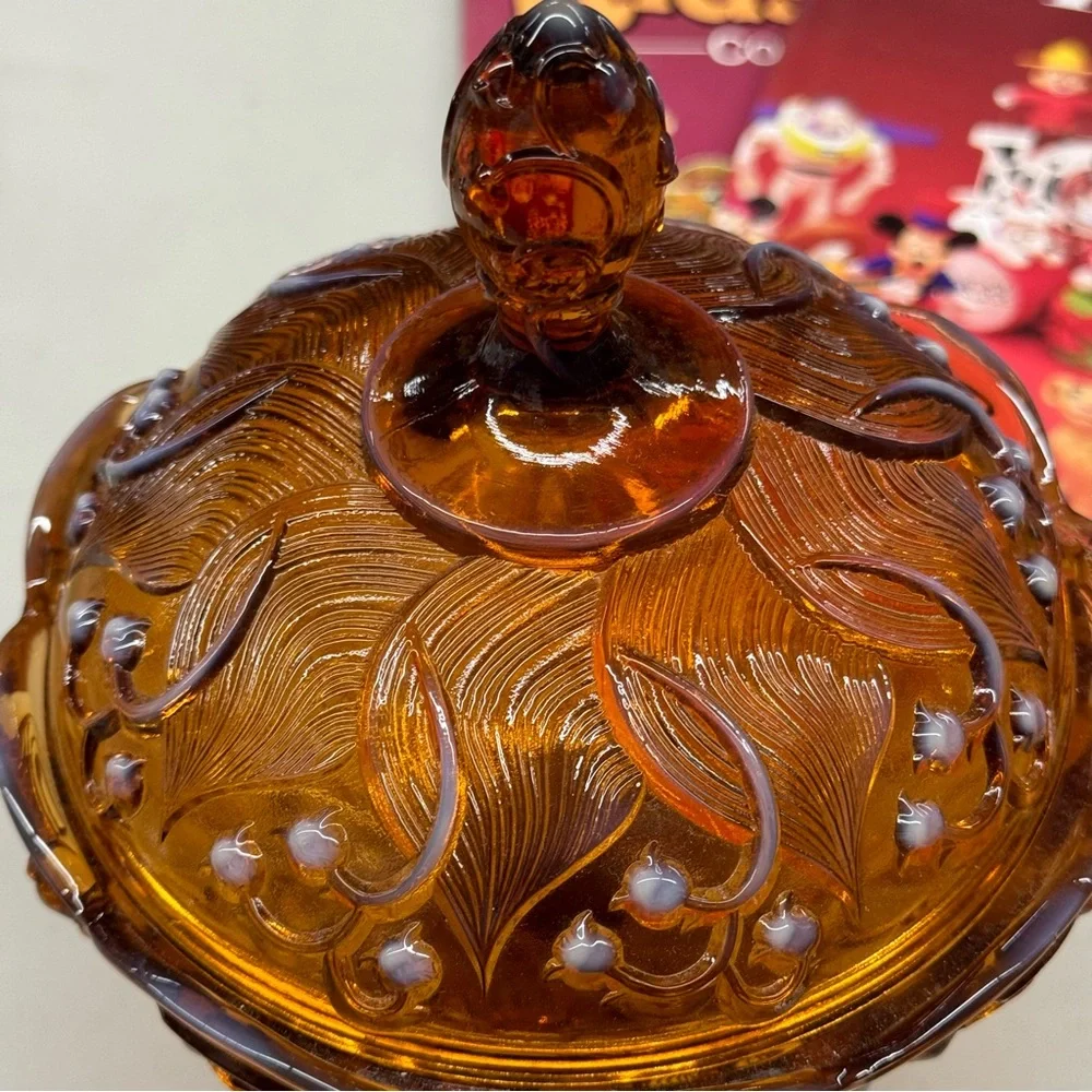 Vintage Fenton Amber Opalescent Lily of the Valley Lidded Pedestal Candy Dish